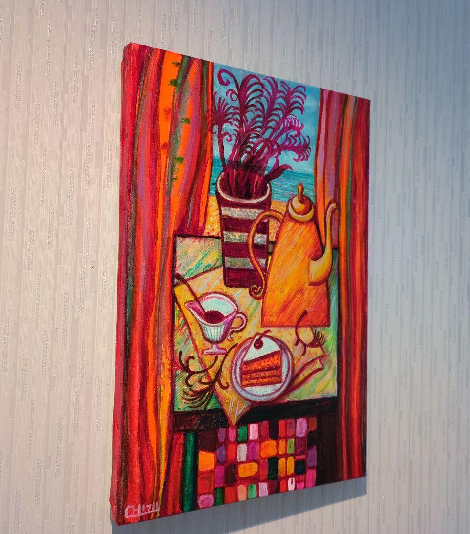 キャンバス油絵　専用　海と砂浜と空が見える窓際のテーブル 　モダンおしゃれアート