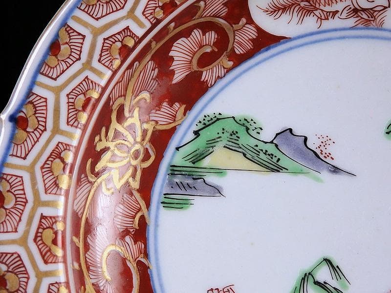 大聖寺伊万里　亀甲紋に金唐草　山水紋の図　５寸皿　５枚　E077AS-CRi