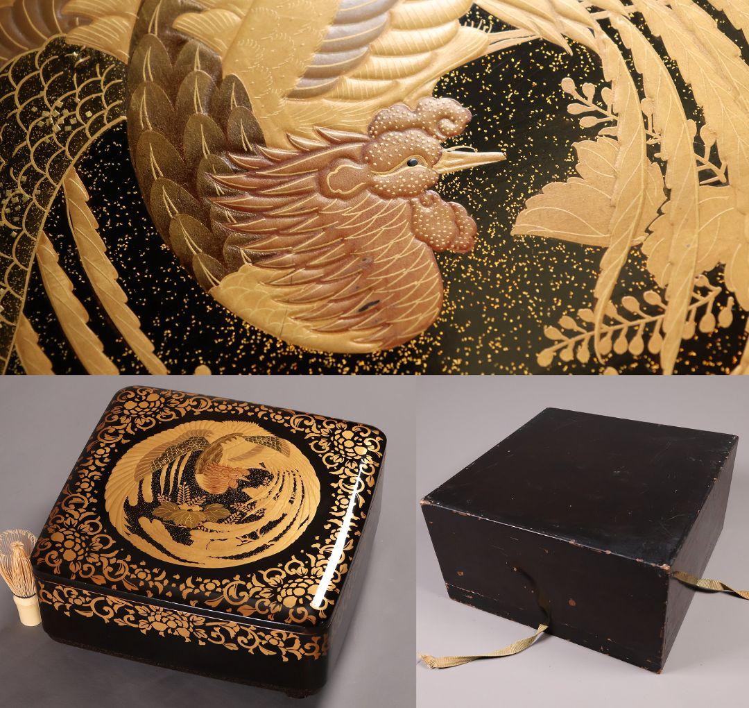 【MA808】時代 加賀蒔絵 桐鳳凰・花唐草 金蒔絵 梨地 饅頭箱 菓子箱 漆芸