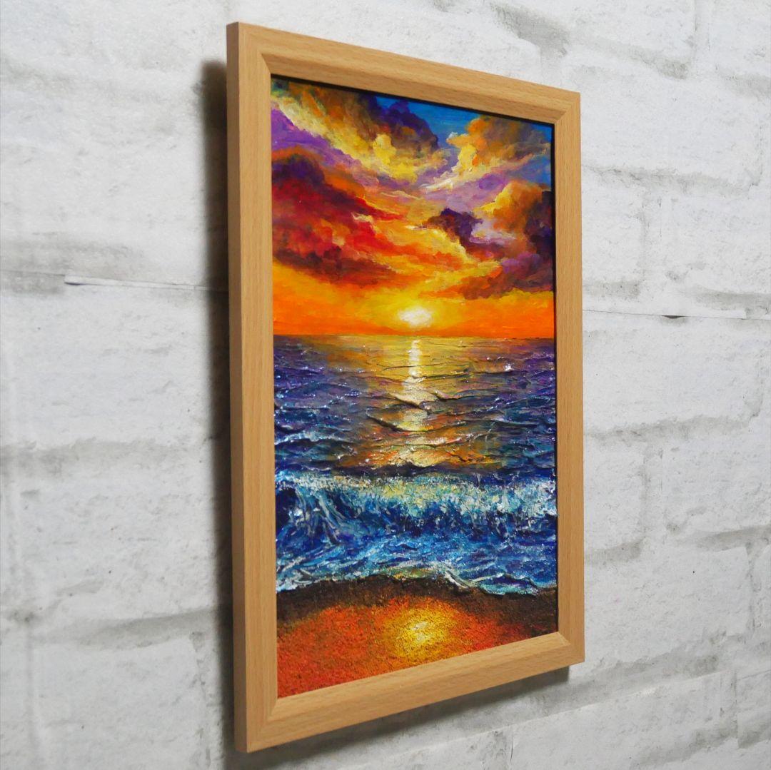 油絵 油彩 油彩画 絵 絵画 【水平線に沈む夕日】A4