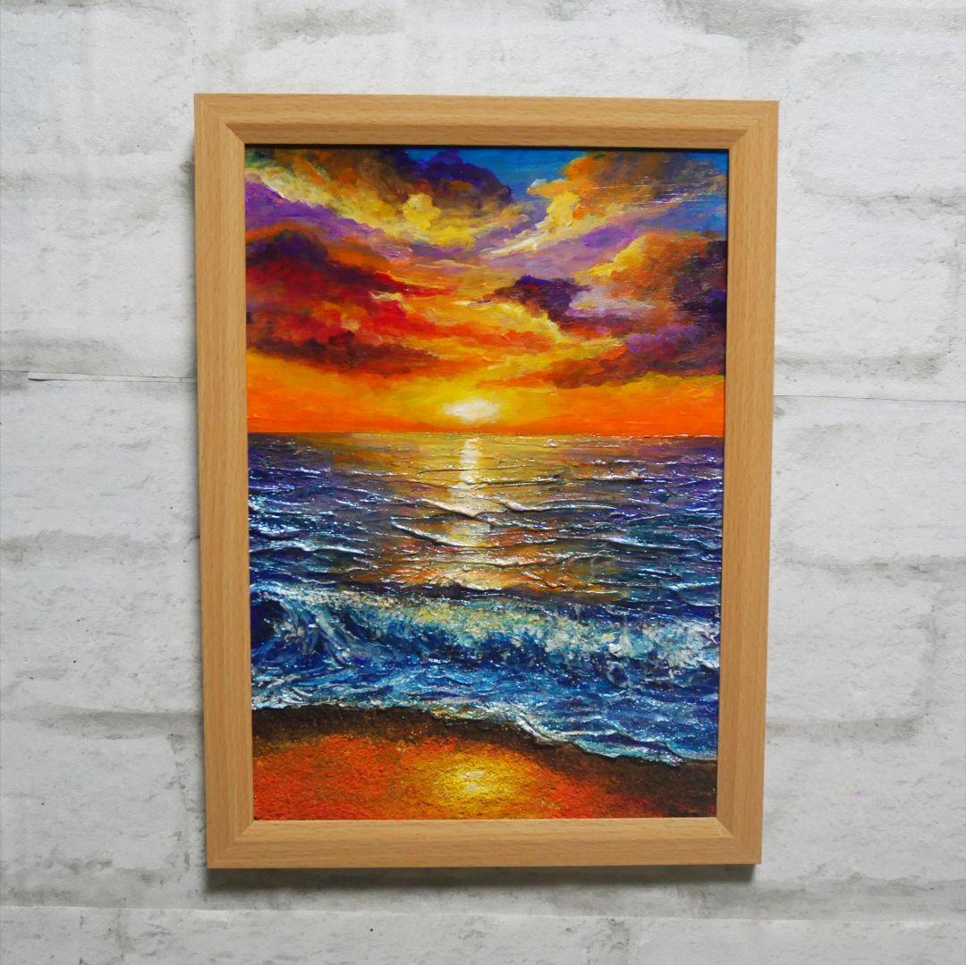 油絵 油彩 油彩画 絵 絵画 【水平線に沈む夕日】A4
