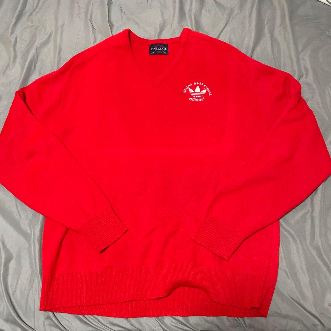 【希少】70s adidas トレフォイルロゴ　Ｖネックニット　赤　USA製