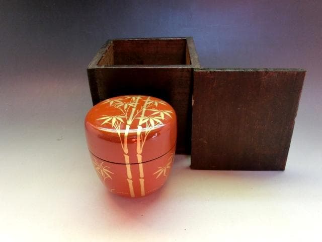 棗■古い蒔絵竹図朱塗り茶入れ 金彩 漆塗り 中棗 時代箱 お茶道具 時代物骨董■