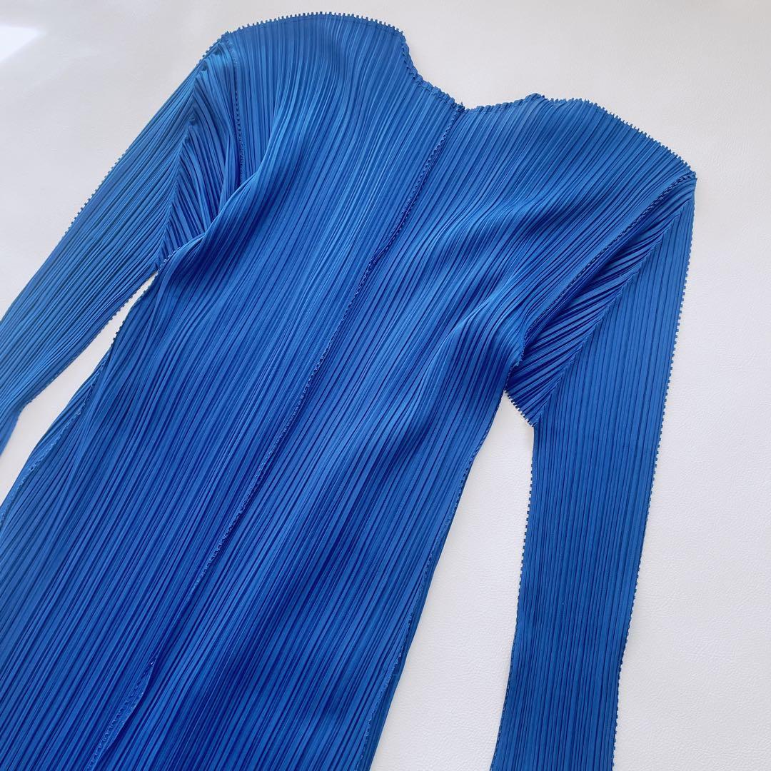 美品✨プリーツプリーズ　ロングカーディガン　羽織り　ノーカラーカーディガン　青