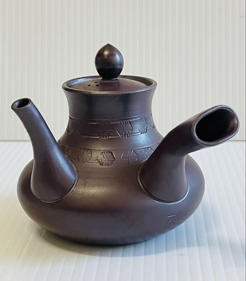 未使用品萬古焼　天王寺印花急須　一休作