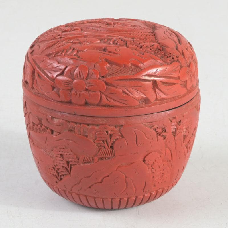 中国　剔紅　堆朱　花草山水刻　棗　時代箱　V　9767