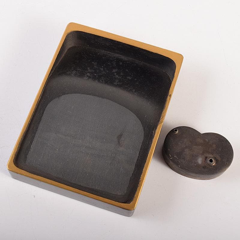 書道具　黒漆　玉石螺鈿装飾　花蝶文　硯箱　時代箱付　G　R7807