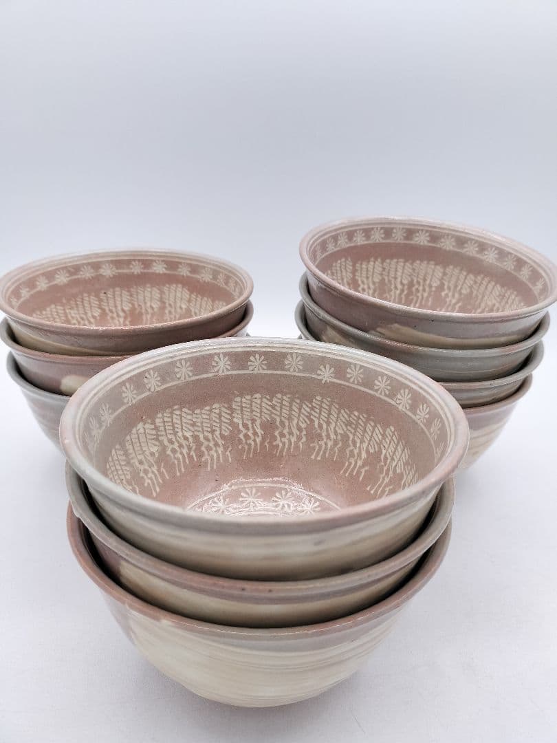 c859 数茶碗 暦手三島 外刷毛目　加藤春永 10客 木箱 茶道具 古物