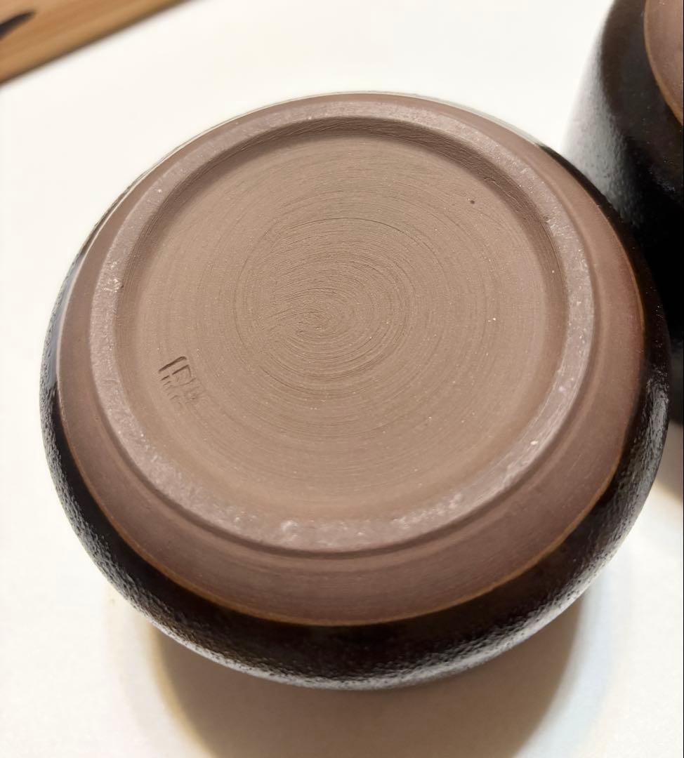 雲井窯 一辺陶造 ゆず肌 飯器 陶芸 共箱 一辺陶 茶碗 黒釉 ペア 木蓋付