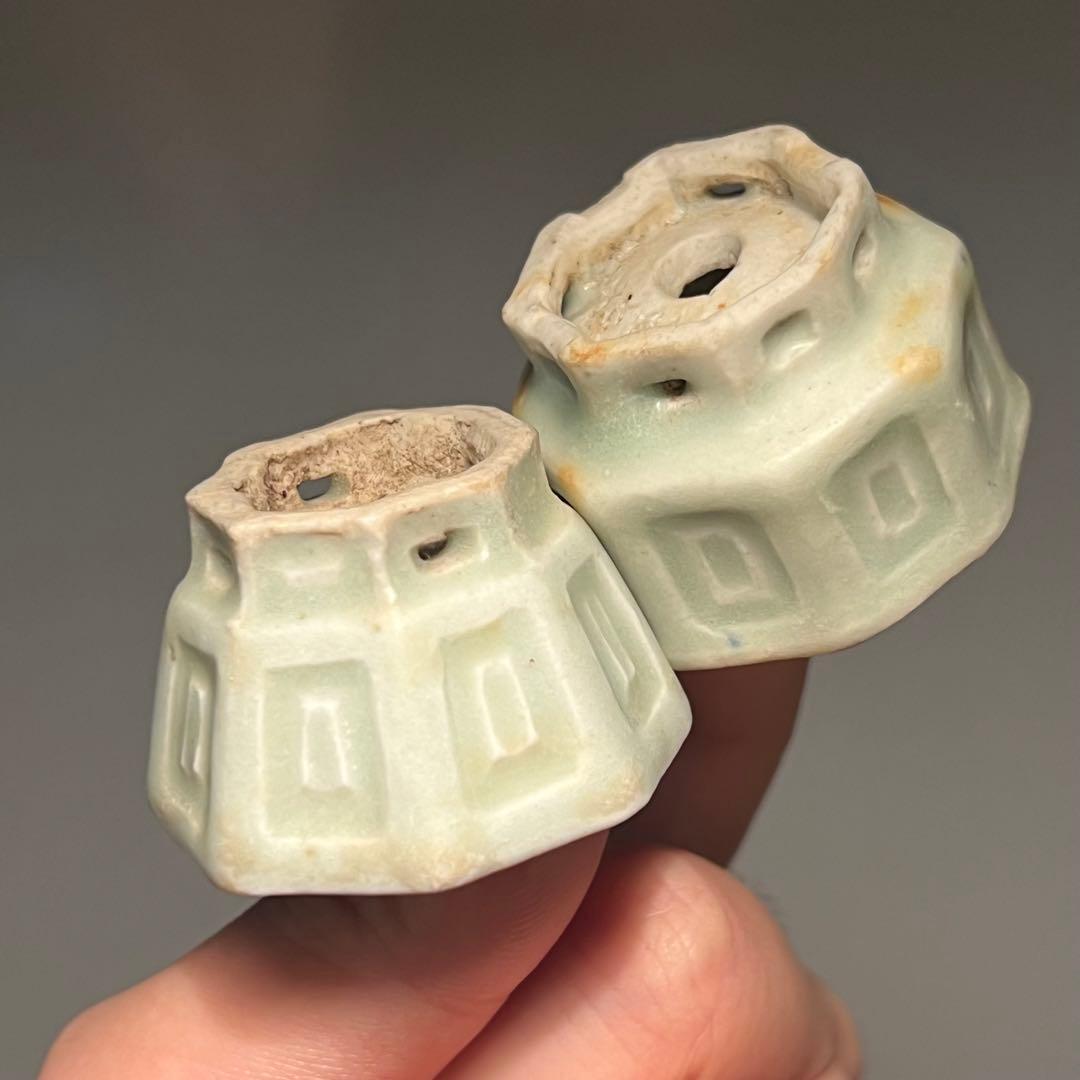 797.夢陶 青磁釉八角豆鉢2 点 ミニ鉢 盆栽鉢3.6*3.8*2.7cm