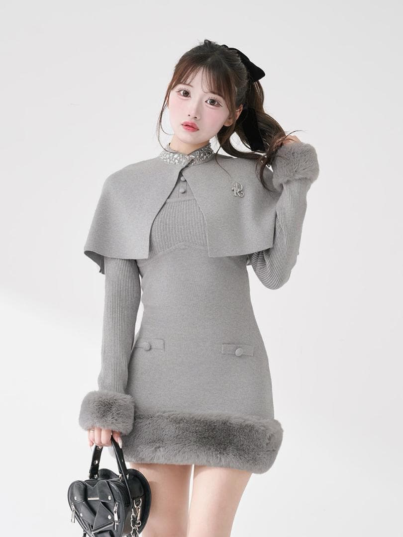 Darich ビジューケープニットミニワンピース グレー FREE ダーリッチ