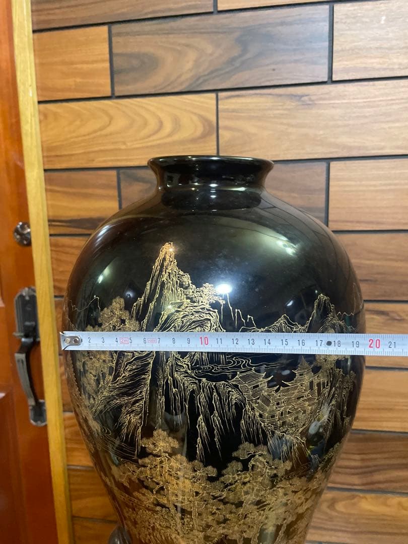 中国古玩　福建漆器 金彩画　大花瓶　台付