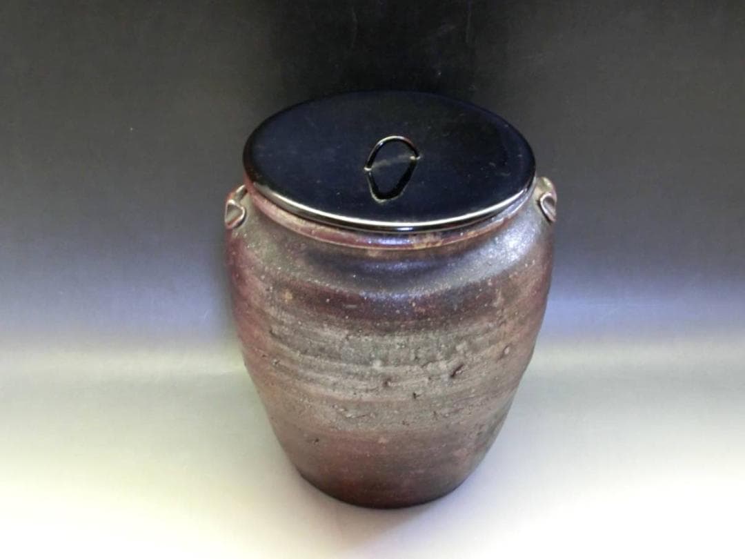 水指■美術館クラス 古備前 時代物 耳付き広口古壷(江戸期) 漆器蓋 骨董品■