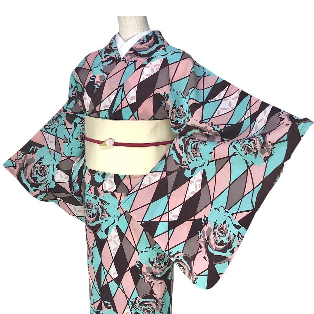 【浴衣】薔薇模様　レトロモダン チョコミント　洋風　単衣　合繊　夏着物　洗える