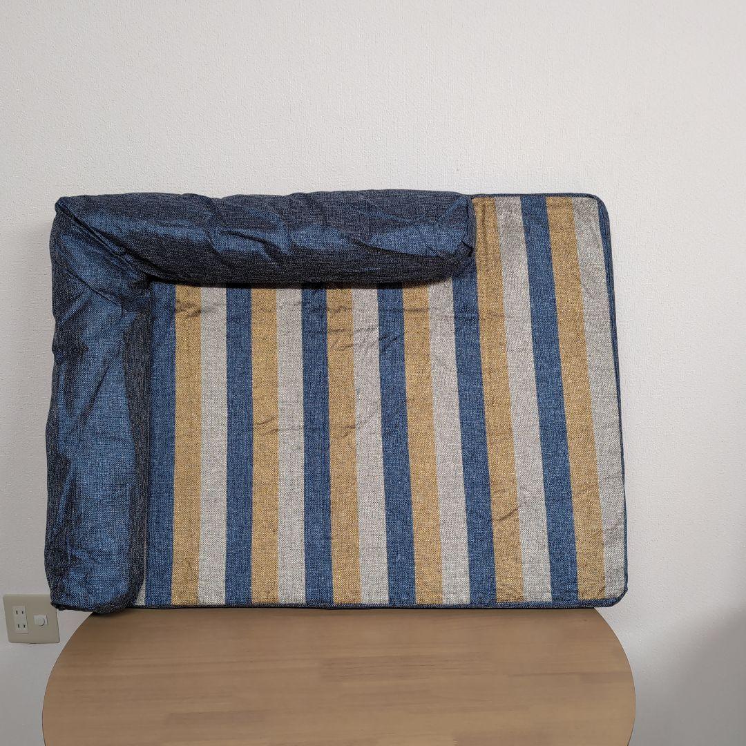 L字型犬猫用ベッドクッション 青黄ストライプ