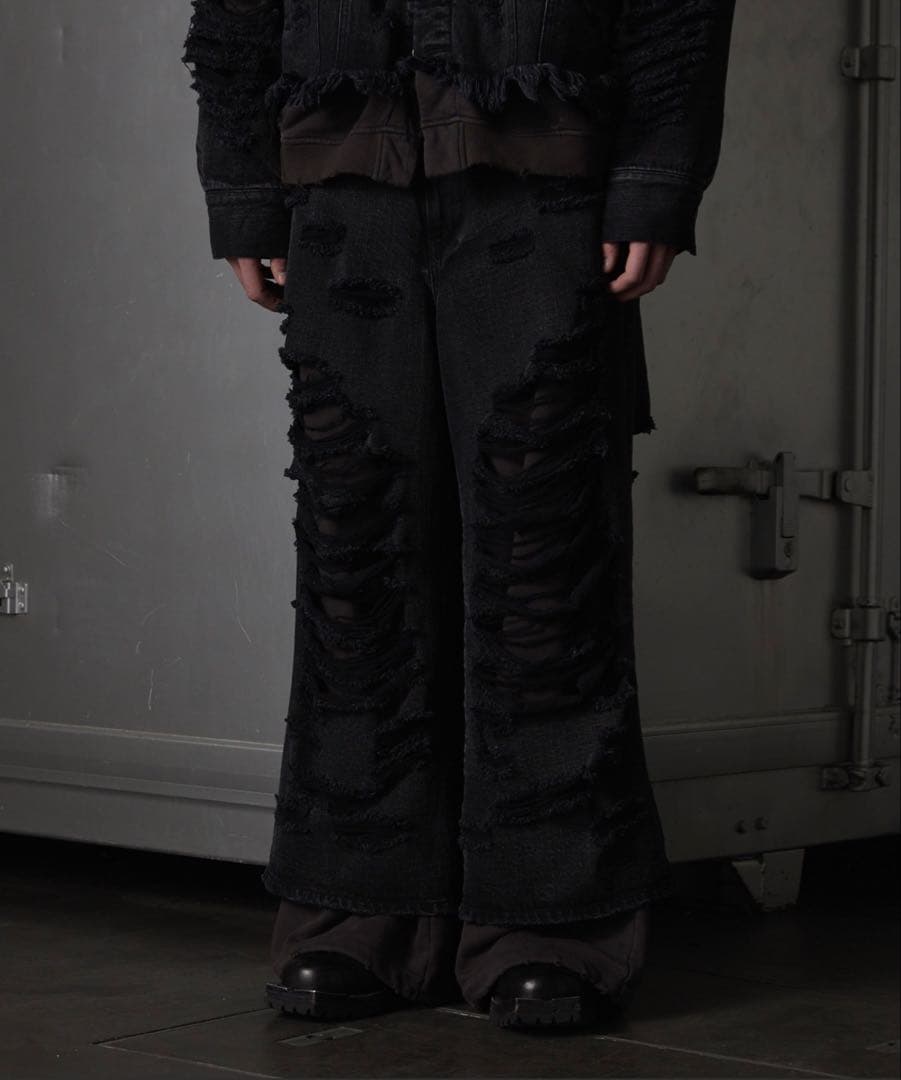 【GRANCY 】スウェットドッキングデザインダメージバギーデニムパンツ M