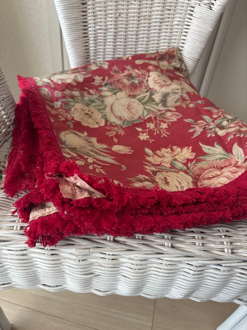 赤い花柄フリンジ付き クロス ファブリック アンティーク フランスアンティーク