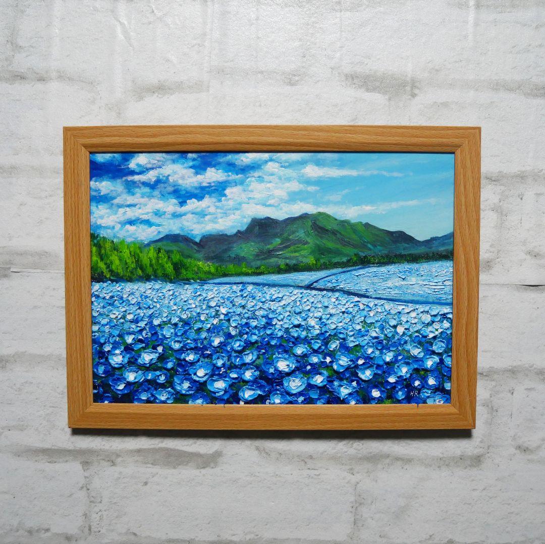 油絵 油彩 油彩画 絵 絵画【くじゅう花公園のネモフィラ畑】