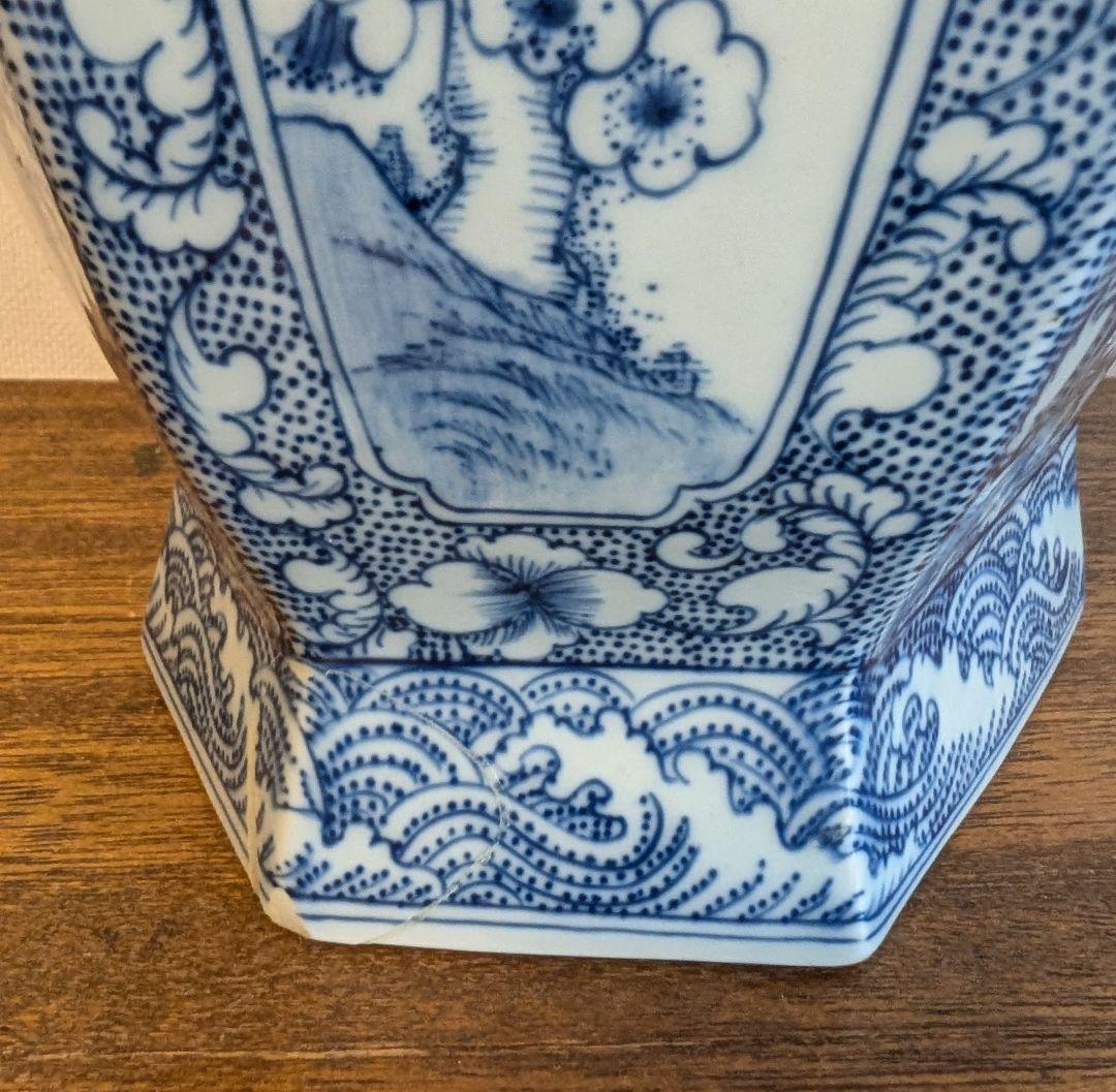 大清乾隆年製　青花山水細密画　六角花瓶　直しあり　中国工芸品　骨董品