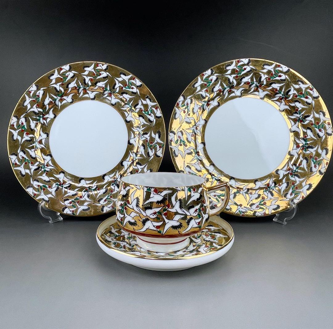 【希少】九谷焼 1000クレーン 鶴 カップ ソーサー 2プレート セット