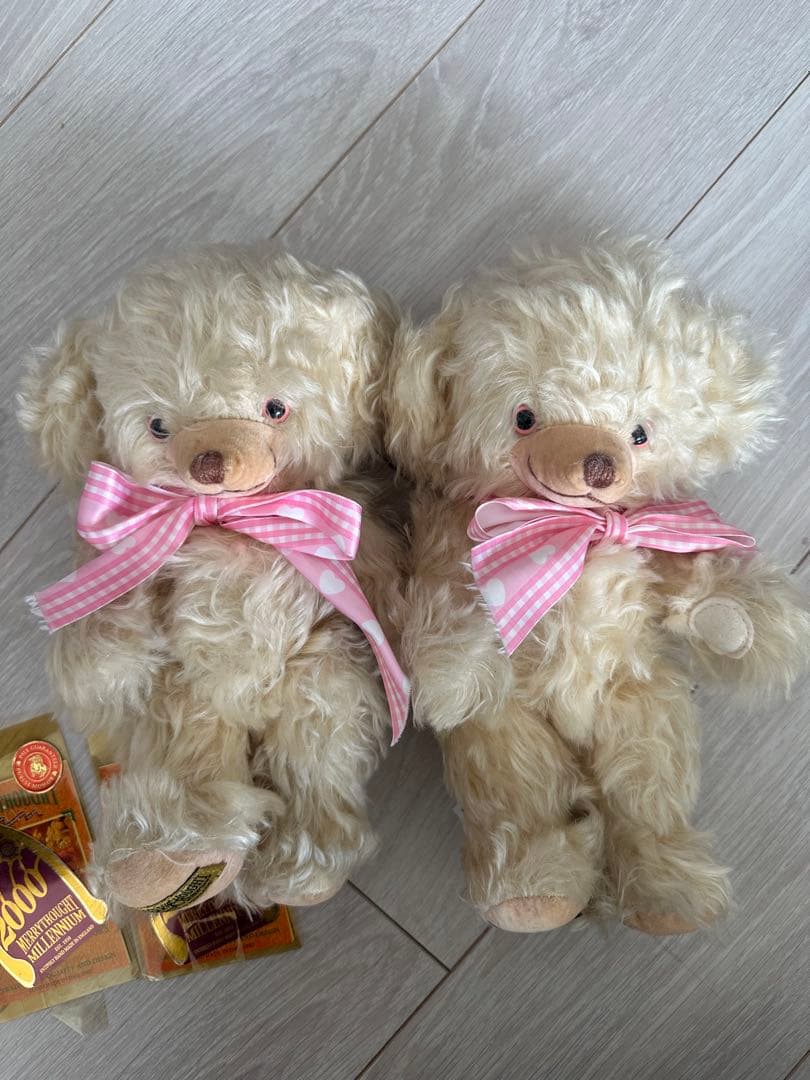 メリーソート写真チーキー2体セット　ピンクリボン　テディベア　ヴィンテージ双子