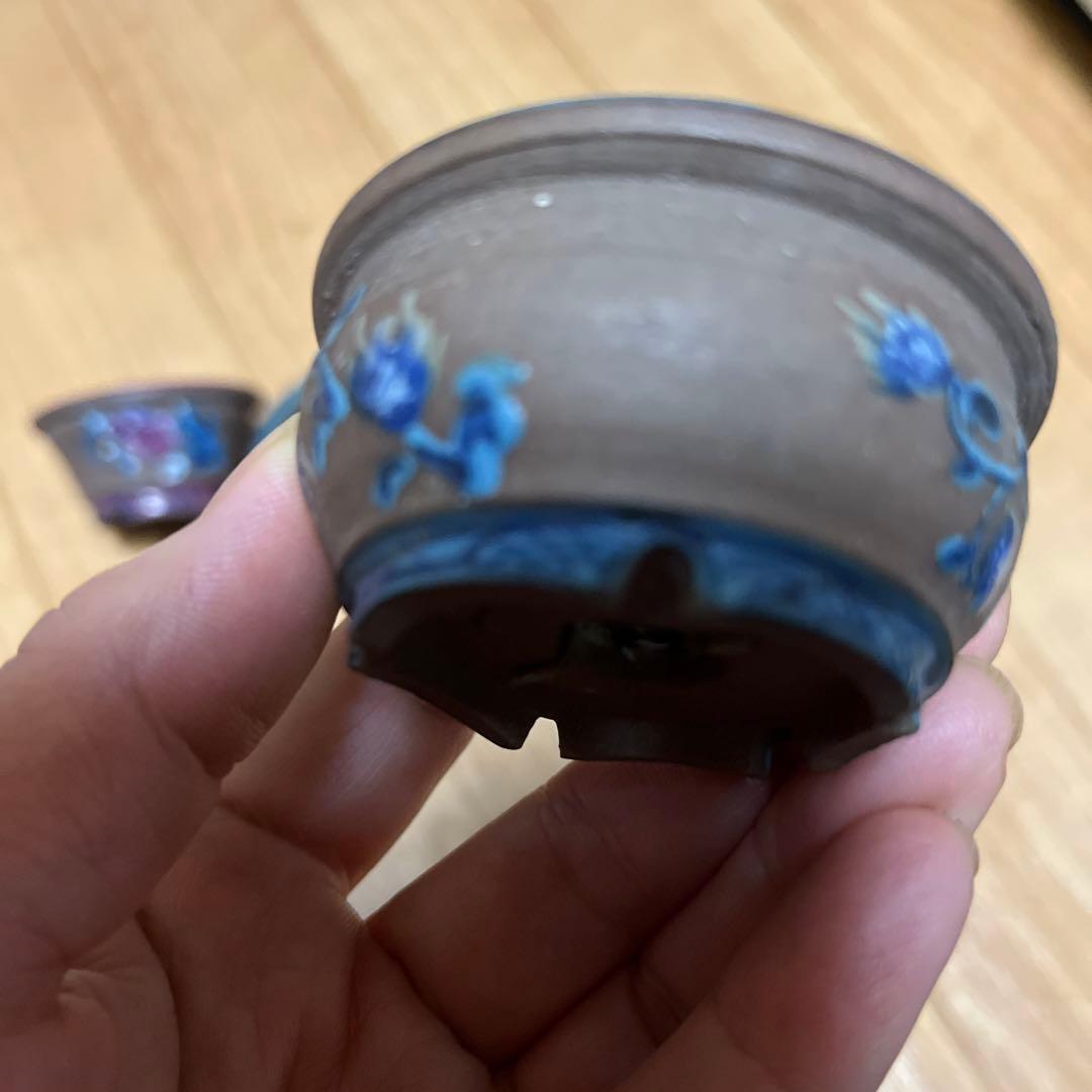 豆盆栽鉢　希少時代　陶翠　彩交趾黒泥丸豆鉢3個セット