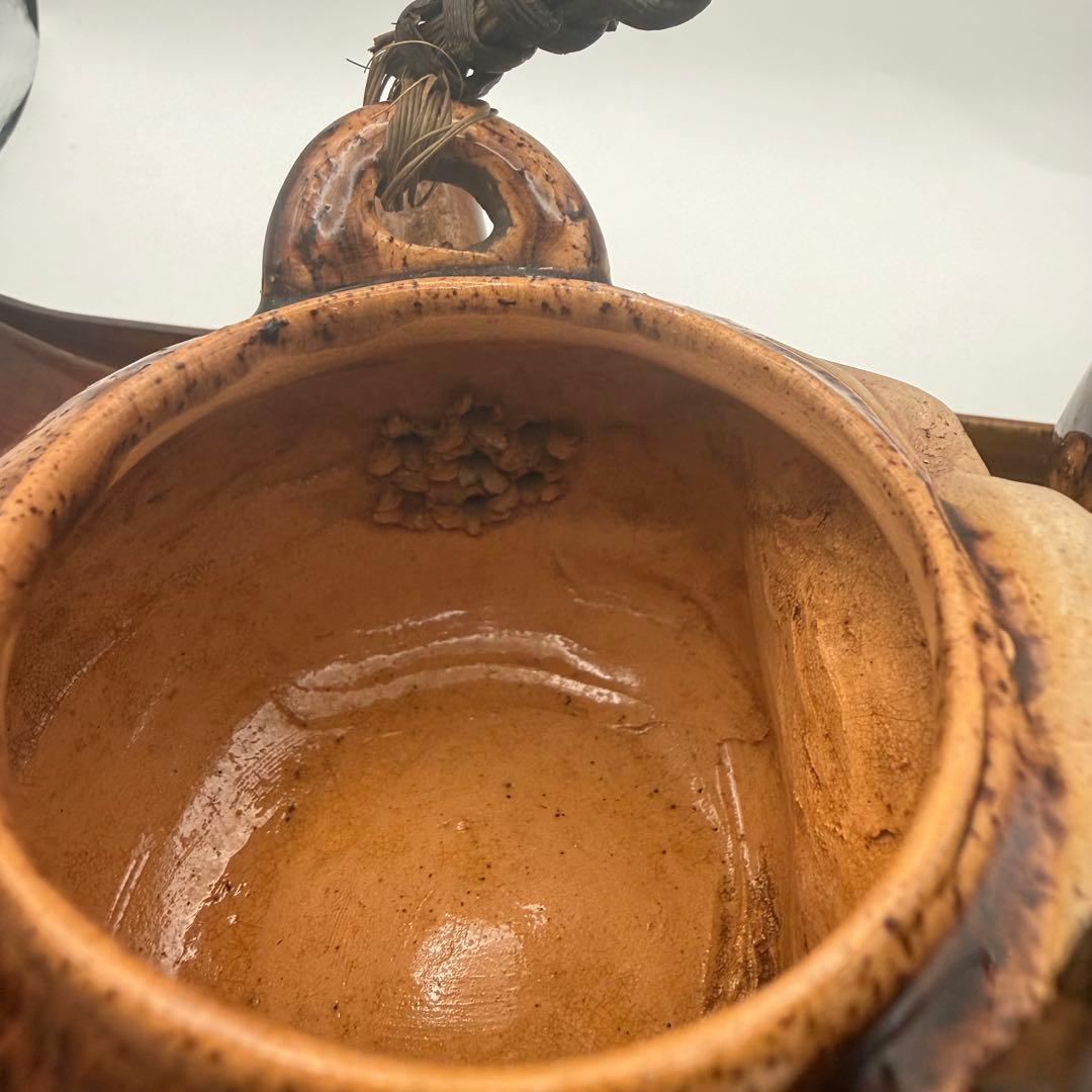 昭和レトロ 古陶 茶器セット 盆付 籐取手 民芸陶器 堀込洞窟松紋彫　煎茶道具