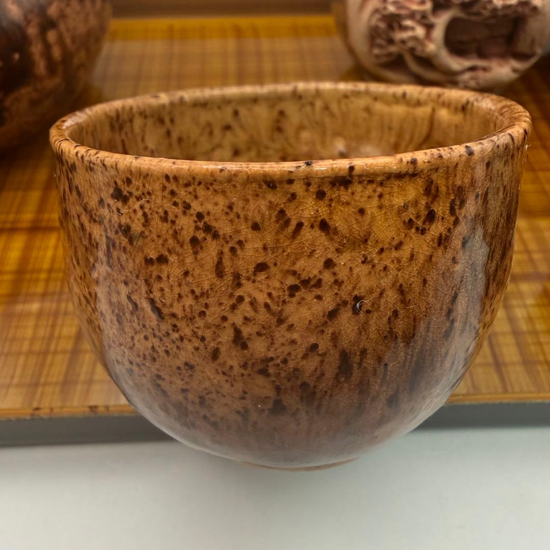 昭和レトロ 古陶 茶器セット 盆付 籐取手 民芸陶器 堀込洞窟松紋彫　煎茶道具