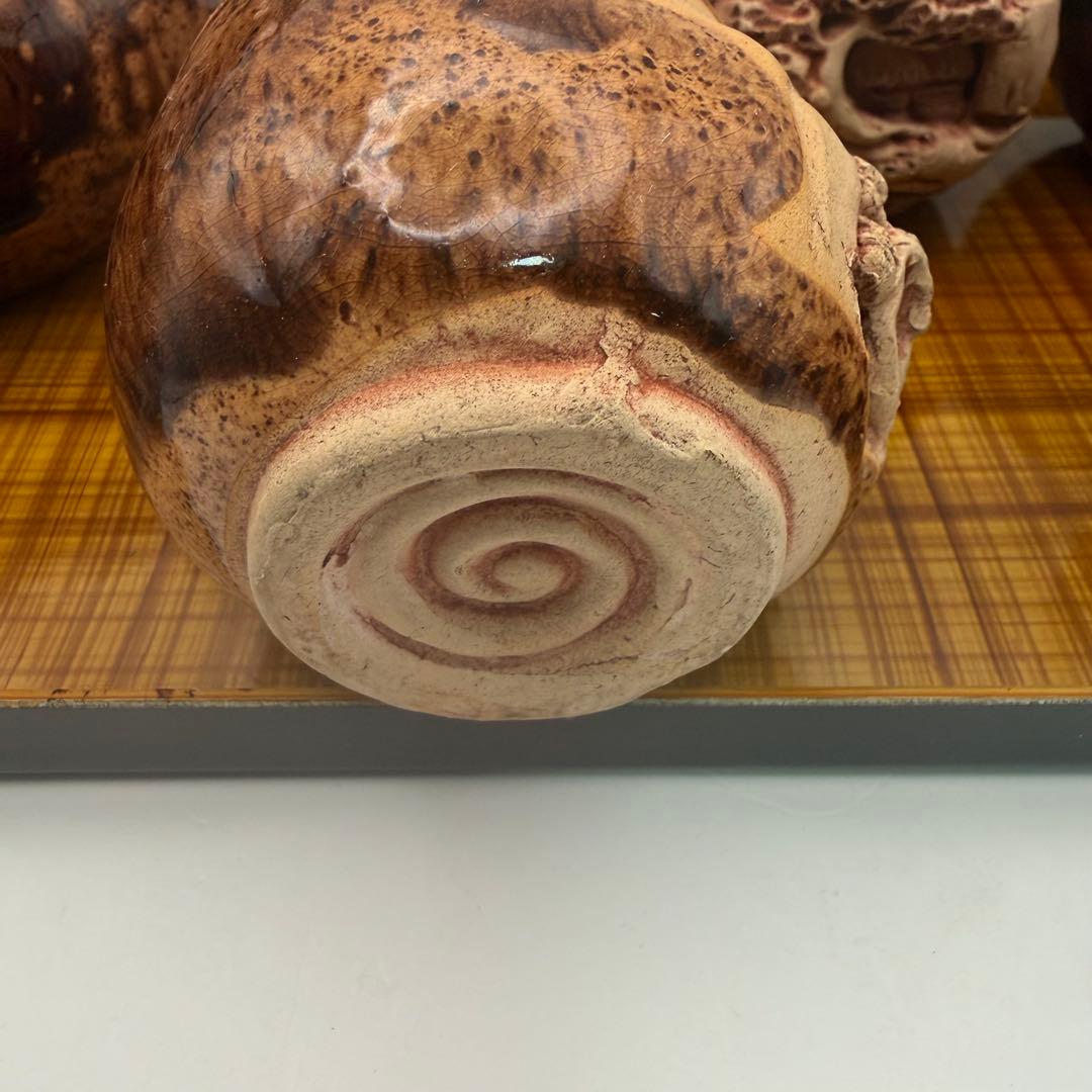 昭和レトロ 古陶 茶器セット 盆付 籐取手 民芸陶器 堀込洞窟松紋彫　煎茶道具