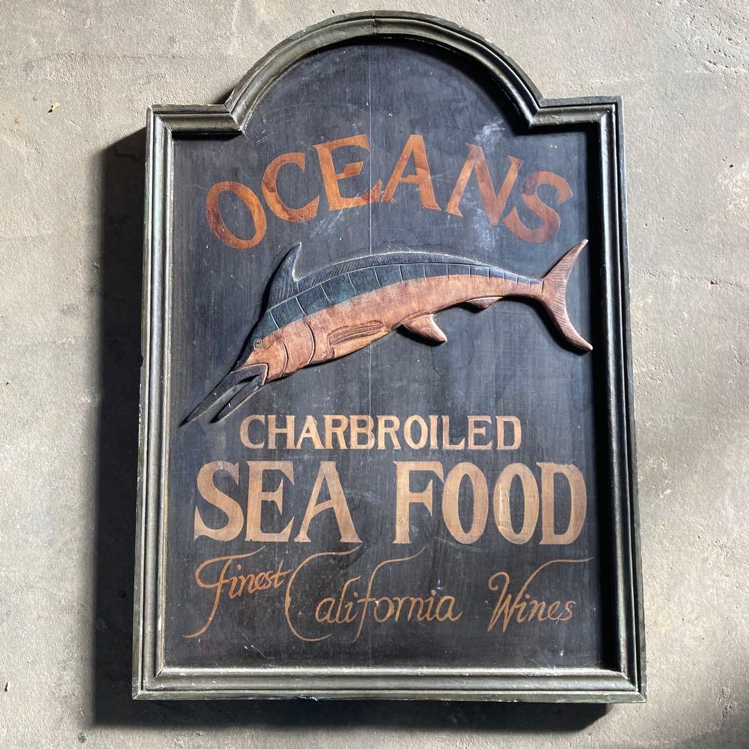 ま*う様 珍品 天然木 木彫 古いカジキの 看板 OCEANS SEA FOOD