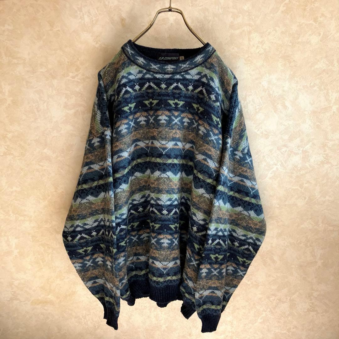 希少 80's フランス製 C.P.COMPANY ウールセーター 青 XL