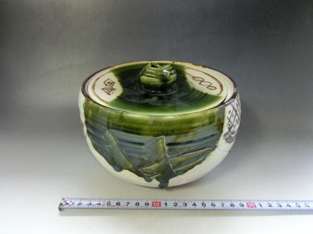 水指■織部焼き 緑釉 涙痕 大振り 大きい 平水指 陶器 お茶道具 時代物骨董■