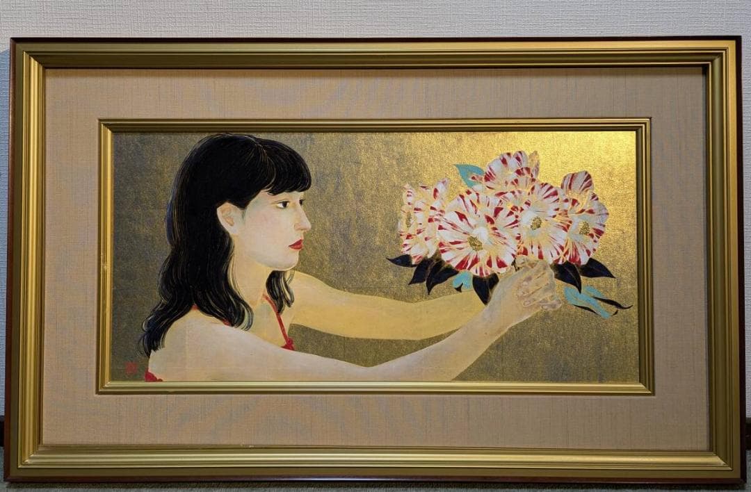 【真作】絵画　石踊紘一　日本画　花椿　良作　金地　美人画　箱・黄袋入　W111