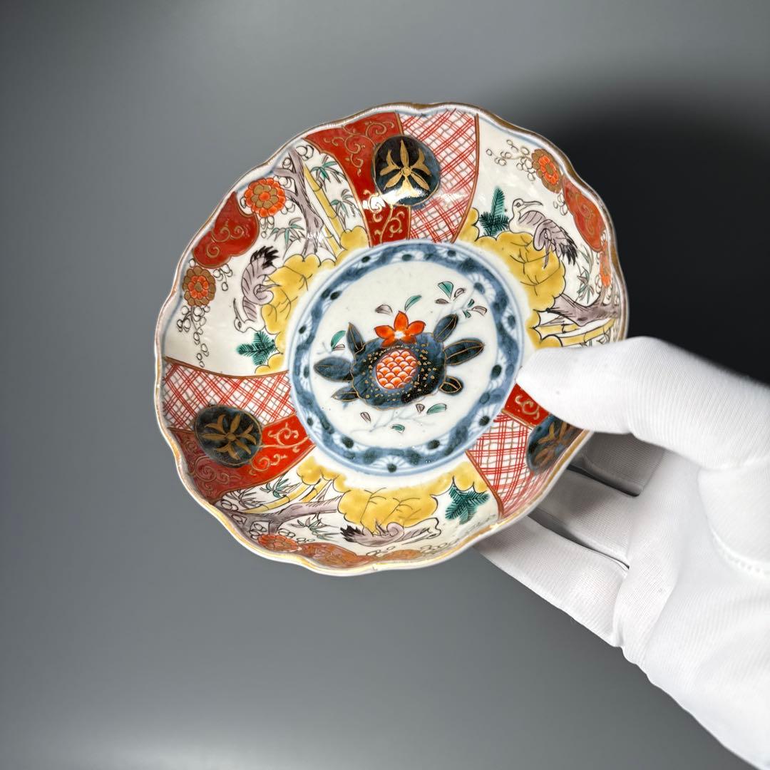 江戸中期〜後期　古伊万里　色絵柘榴文菊花形　なます皿　5枚　裏七宝結文　上物