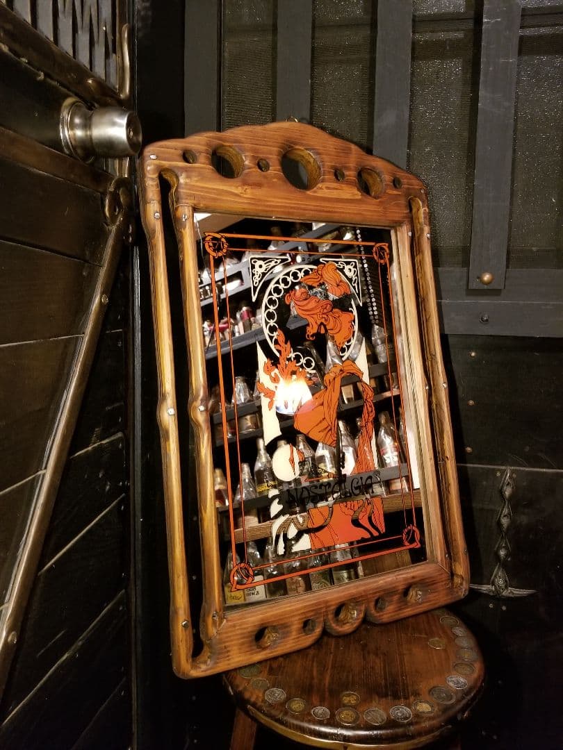 ヴィンテージ　木製　透かし彫り　額装飾　ミュシャ　ノスタルジア　アート　ミラー