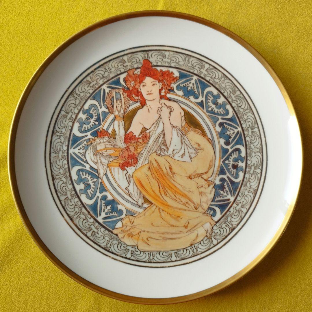 希少品 ミュシャ大皿：パリのシンボル 直径31cm 金縁