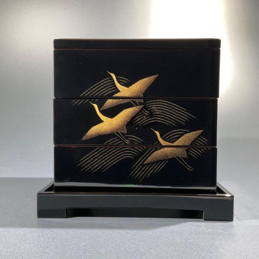 沈金蒔絵　千羽鶴　三段重　黒漆　共箱　三谷吾一　輪島　R0845て