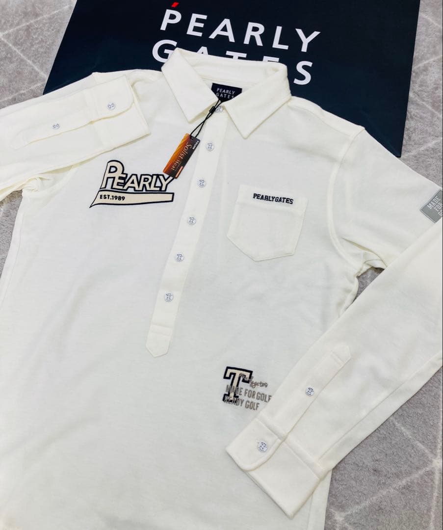 新品 パーリーゲイツ ストレッチカノコスムースピーチ 長袖ポロシャツ(4)M/白
