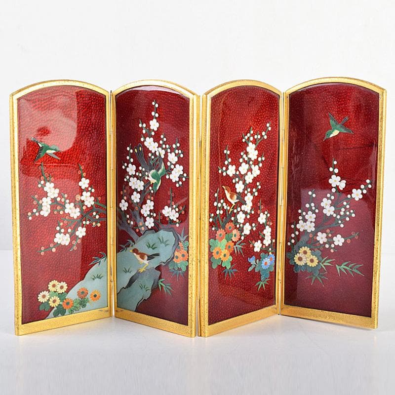 中国　古七宝琺瑯彩　花鳥文　卓上屏風　硯屏　M　R8490