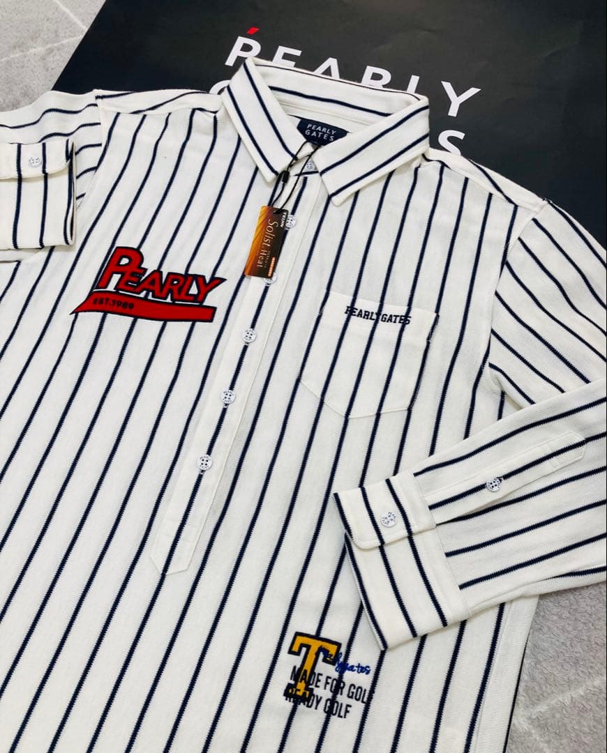 新品 パーリーゲイツ ストレッチカノコスムースピーチ 長袖ポロシャツ(5)L/白