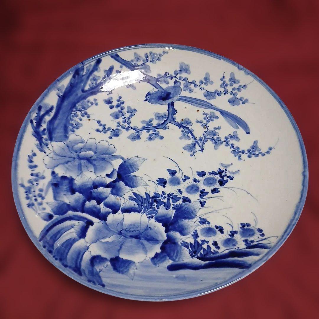 レトロヴィンテージ大皿、サイズ46センチ青い花と鳥の陶器プレート