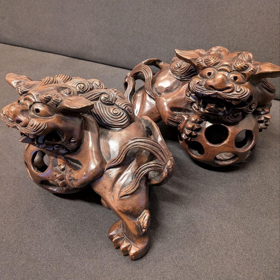 木彫 獅子 置物 一対｜唐獅子 透かし彫り 国際獅子会 敬贈 縁起物