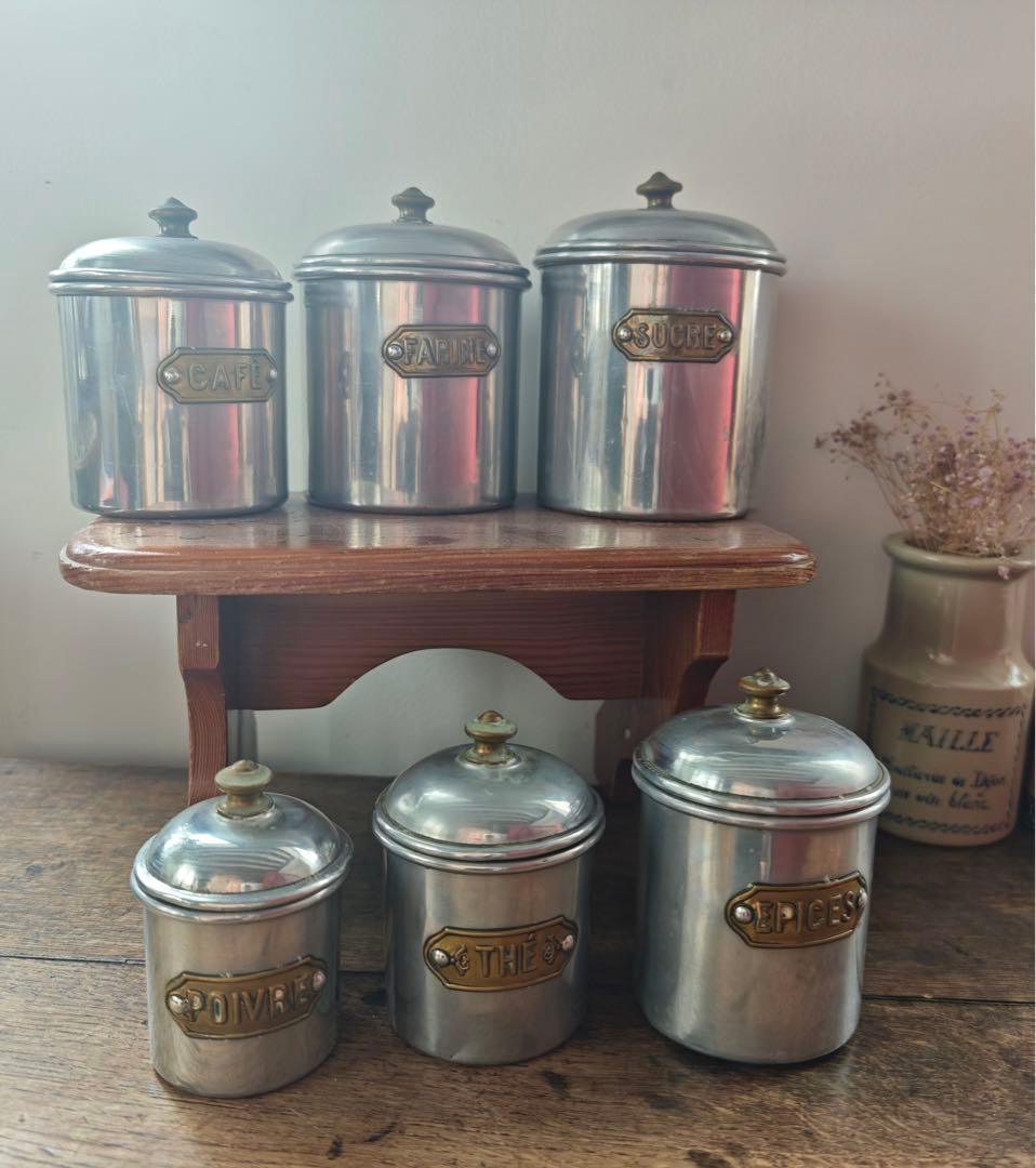 1950年代アルミキャニスター ＋ 真鍮ツマミ　フランスヴィンテージ