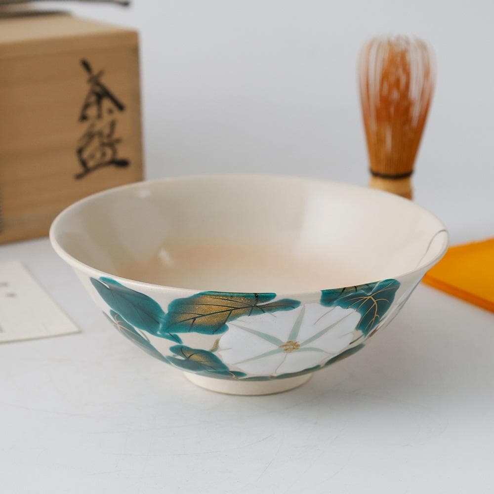 九谷焼 萌春 能瀬三惠子 作 色絵夕顔 平茶碗 茶道具 共箱