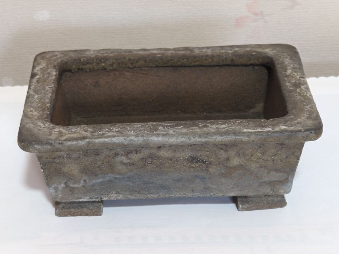 ♦小品盆栽鉢 辰山の釘彫り印 長方形四足ミニ盆栽鉢？中国 国内 古美術骨董品