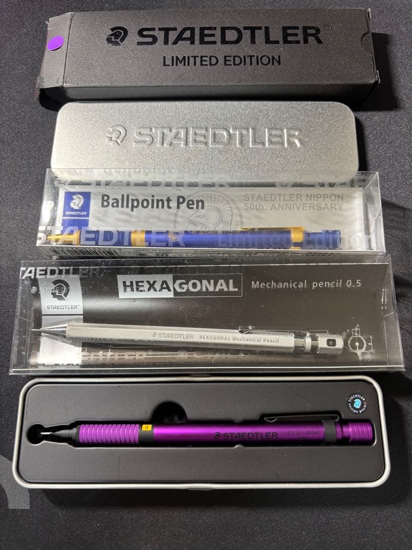 ステッドラー韓国限定パープルシャーペン、ヘキサゴナル、ロイヤルブルーボールペン