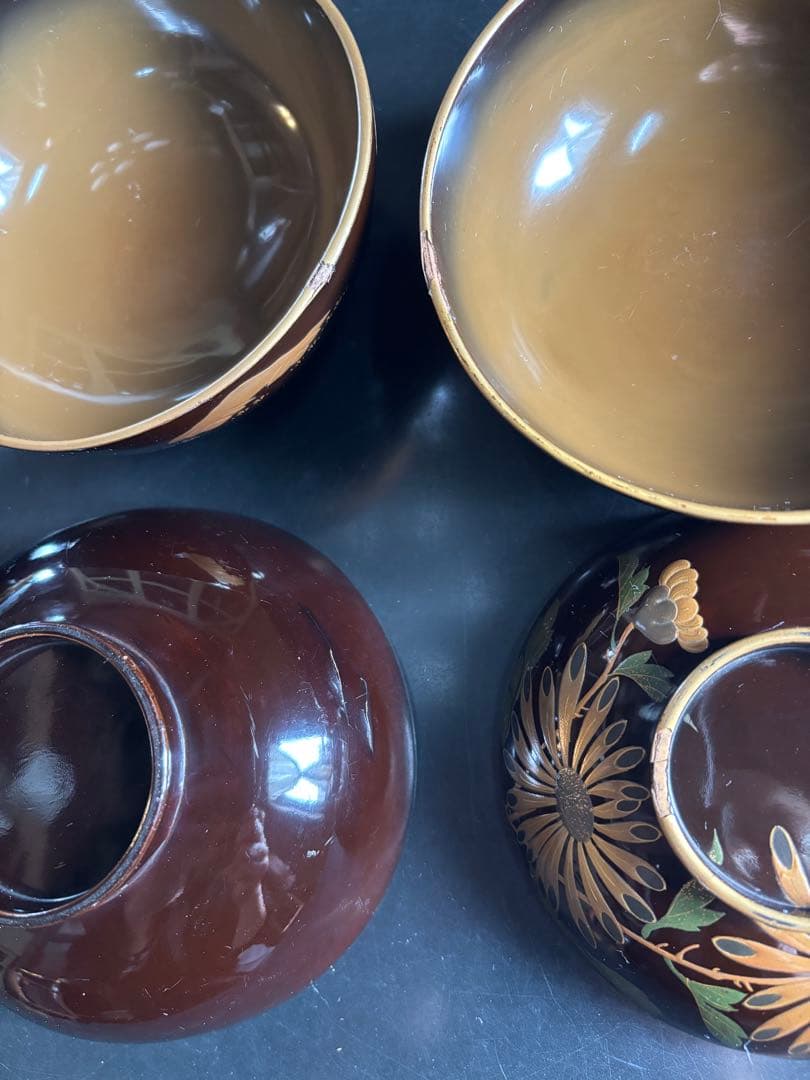 アンティーク品　漆器椀　時代物　 京塗り7客セット 金色の菊花7種類の模様