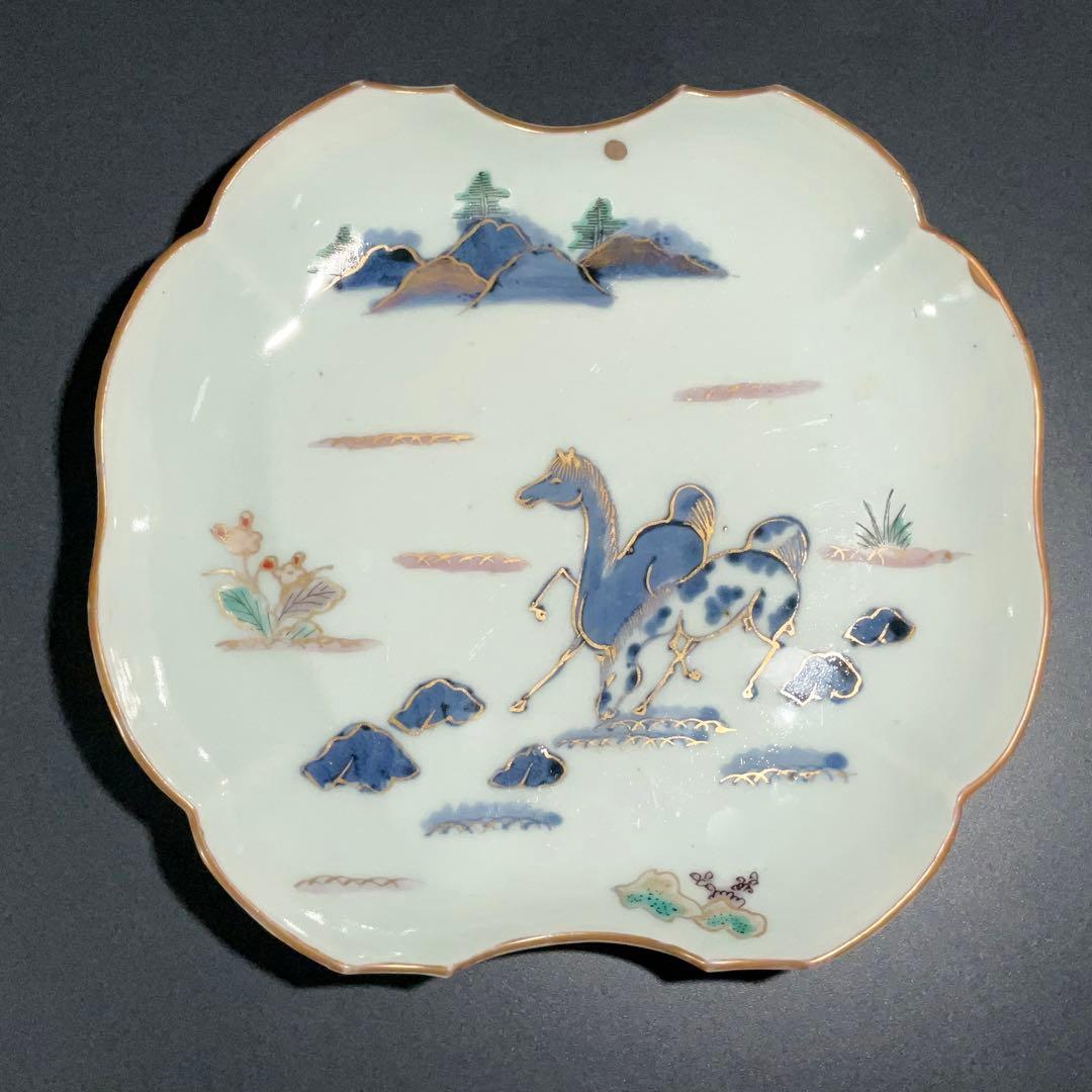 伊万里金襴手馬図変形皿　江戸　古伊万里　金直し　R0917w1ダH