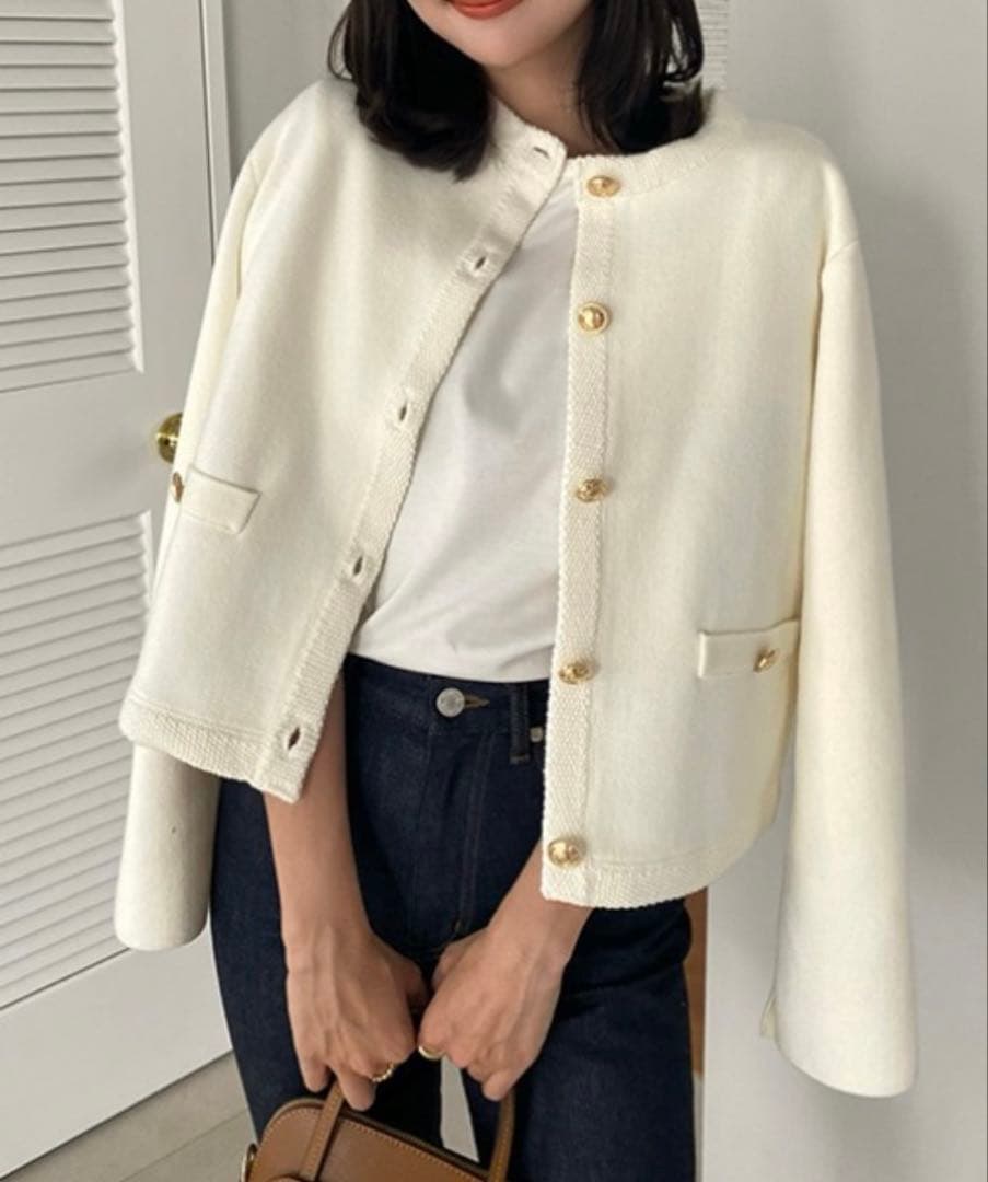 〜週末限定値下げ中〜【anuans】オリジナルボタンノーカラーニットジャケット