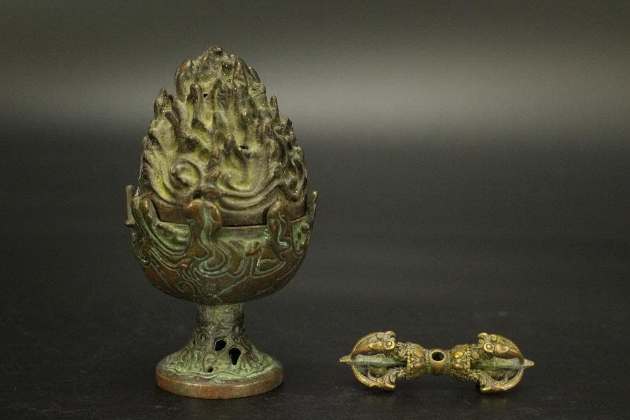 仏教美術 古銅 豆 博山炉 五鈷杵 二件 古美術(LC994)